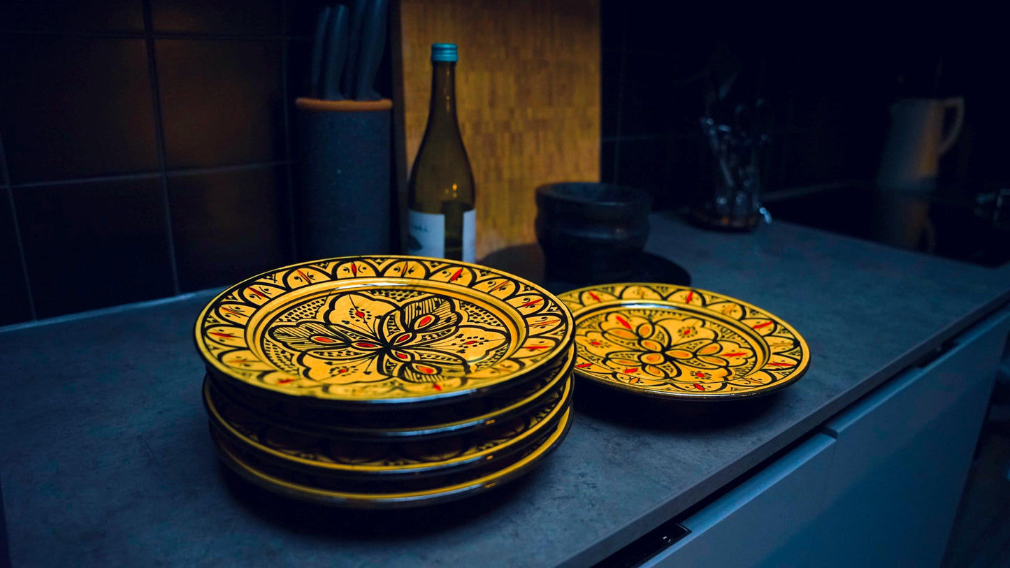 Ceramic Bowl - Moroccan Handmade Yellow Red and Black - Artisan Decorative Serving Dish